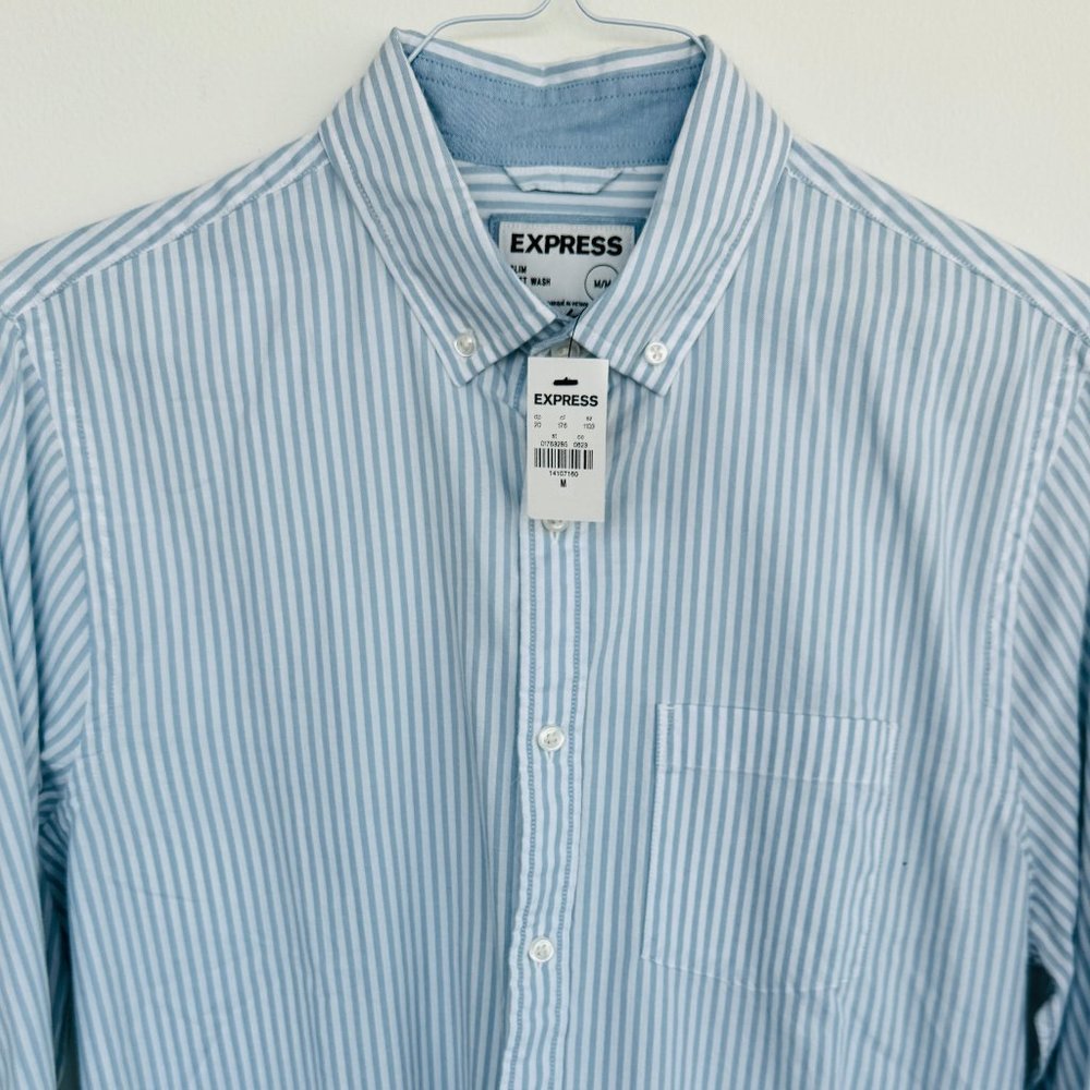 New With Tags: Express Light Blue Striped Men's Collared Soft Wash Shirt